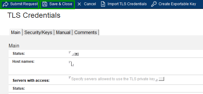 Header of the TLS Credential form in the Certificate Store